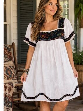 White Peasant Dress with Black Embroidered Yoke
